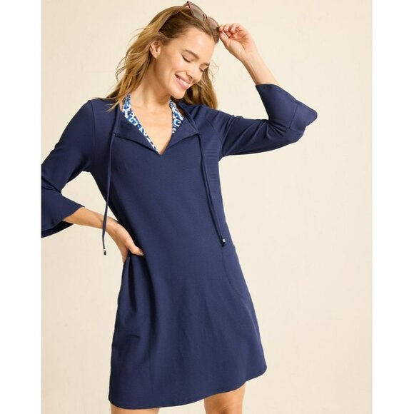 Tommy Bahama Navy Blue 3/4 Sleeve Dress W/ Flared Cuffs & Drawstring Neckline Si - Picture 1 of 11